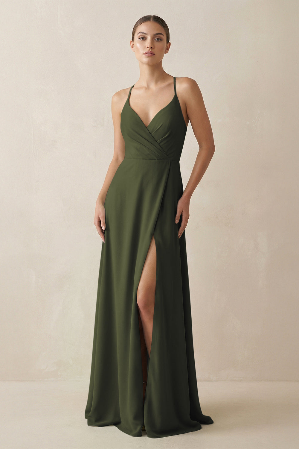 A-Line Chiffon Long Bridesmaid Dress With Slit in Olive