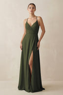 Olive A-Line Chiffon Long Bridesmaid Dress With Slit | KISSBRIDAL
