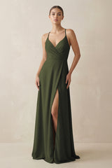 Olive A-Line Chiffon Long Bridesmaid Dress With Slit | KISSBRIDAL