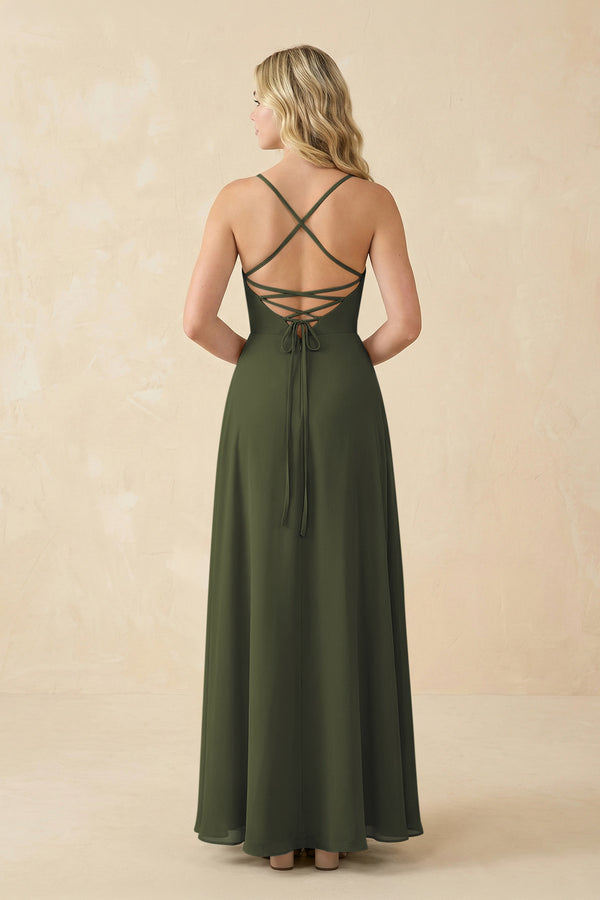 Olive A-Line Chiffon Spaghetti Strap Bridesmaid Dress (2) | KISSBRIDAL