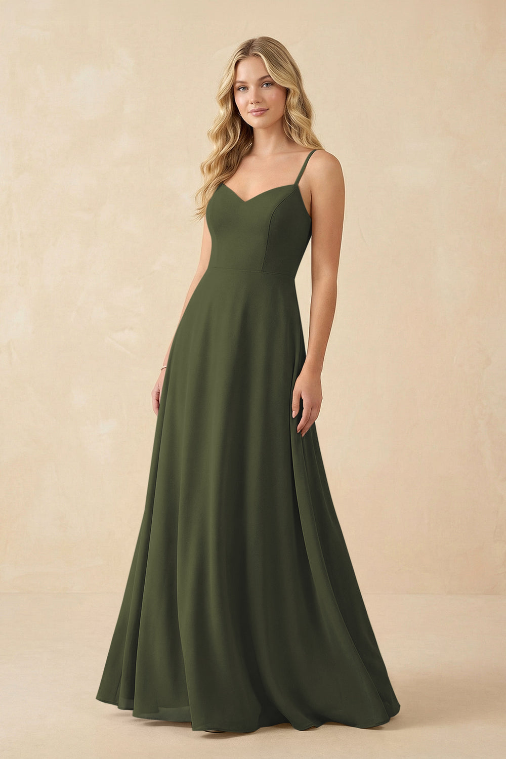 A-Line Chiffon Spaghetti Strap Bridesmaid Dress in Olive
