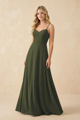 Olive A-Line Chiffon Spaghetti Strap Bridesmaid Dress | KISSBRIDAL