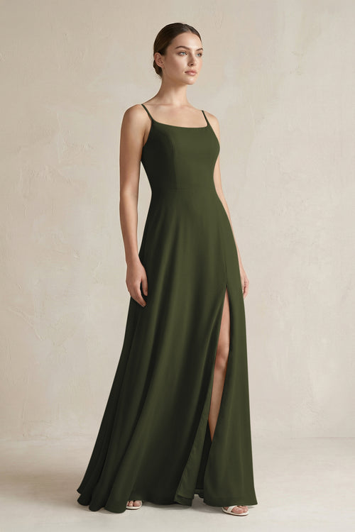 Olive A-Line Chiffon Spaghetti Strap Bridesmaid Dress | KISSBRIDAL