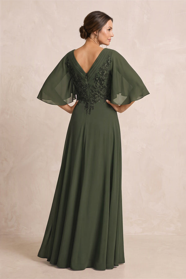 Olive A-Line Embroidered Chiffon Mother of the Bride Dress With Sleeves (2) | KISSBRIDAL