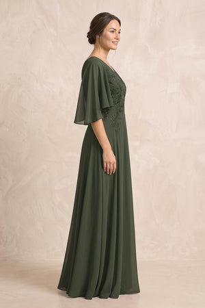 Olive A-Line Embroidered Chiffon Mother of the Bride Dress With Sleeves (3) | KISSBRIDAL