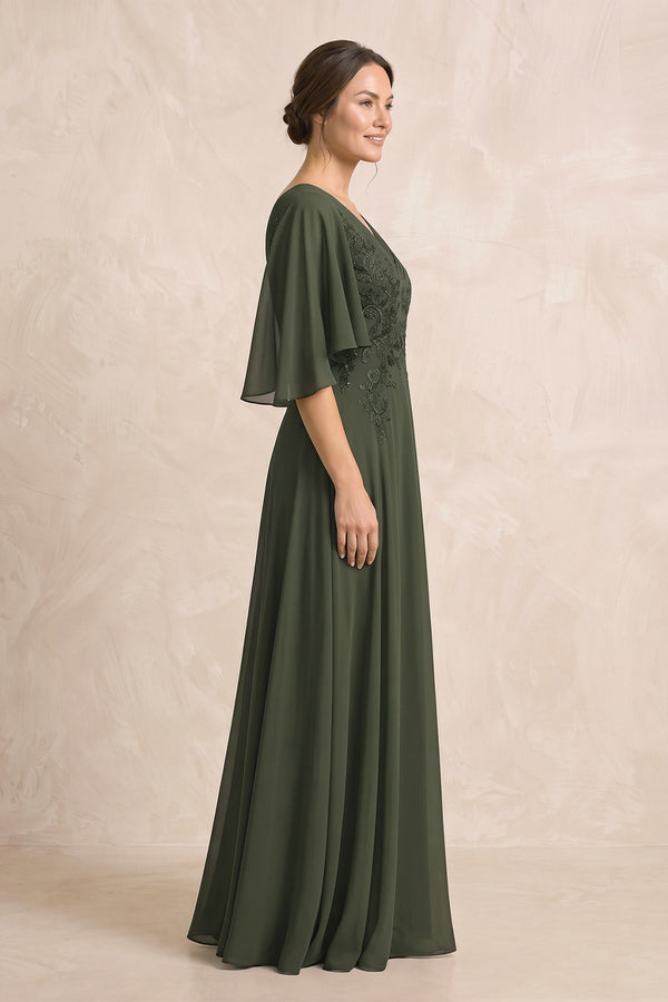Olive A-Line Embroidered Chiffon Mother of the Bride Dress With Sleeves (3) | KISSBRIDAL