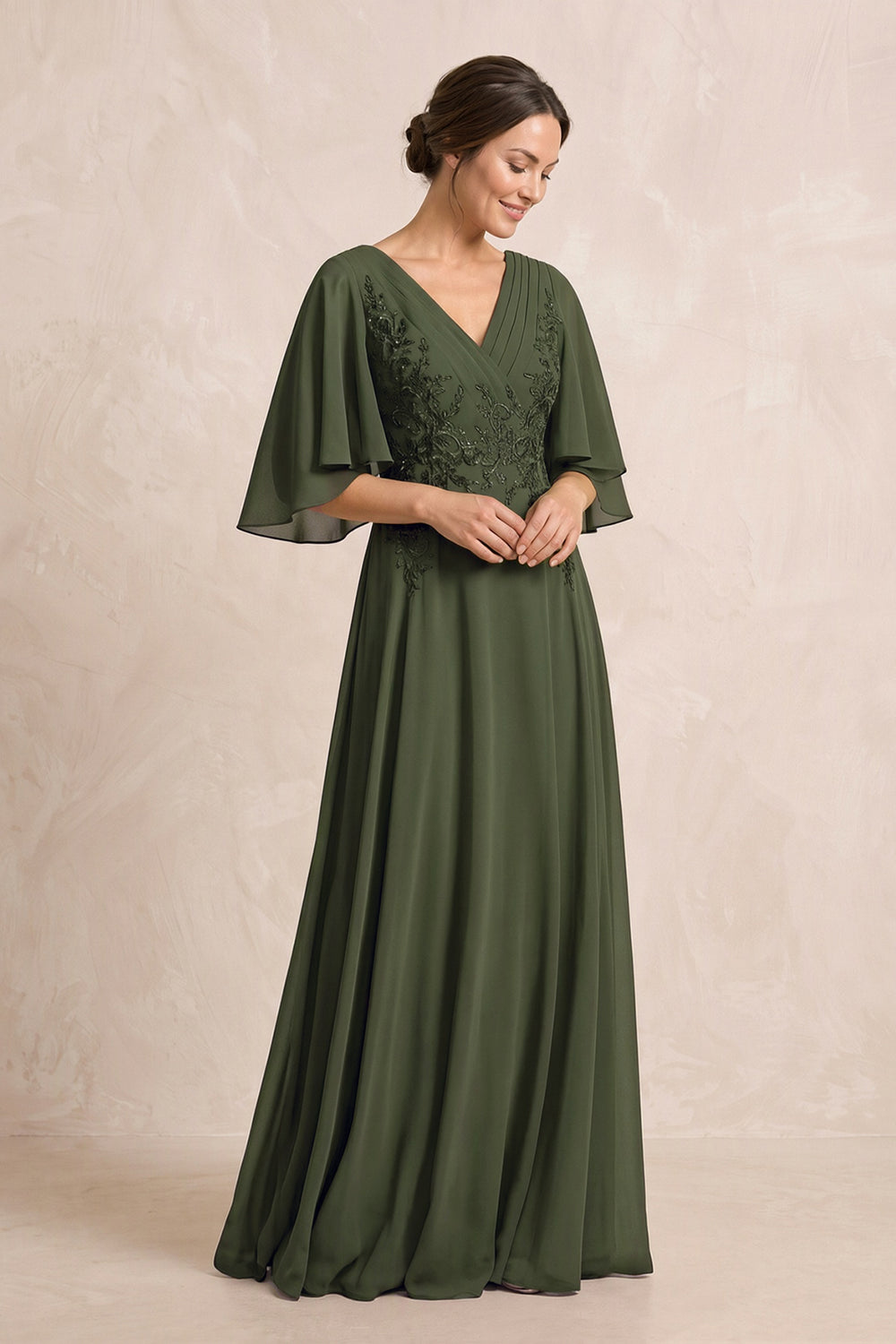 Olive A-Line Embroidered Chiffon Mother of the Bride Dress With Sleeves