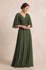 Olive A-Line Embroidered Chiffon Mother of the Bride Dress With Sleeves | KISSBRIDAL