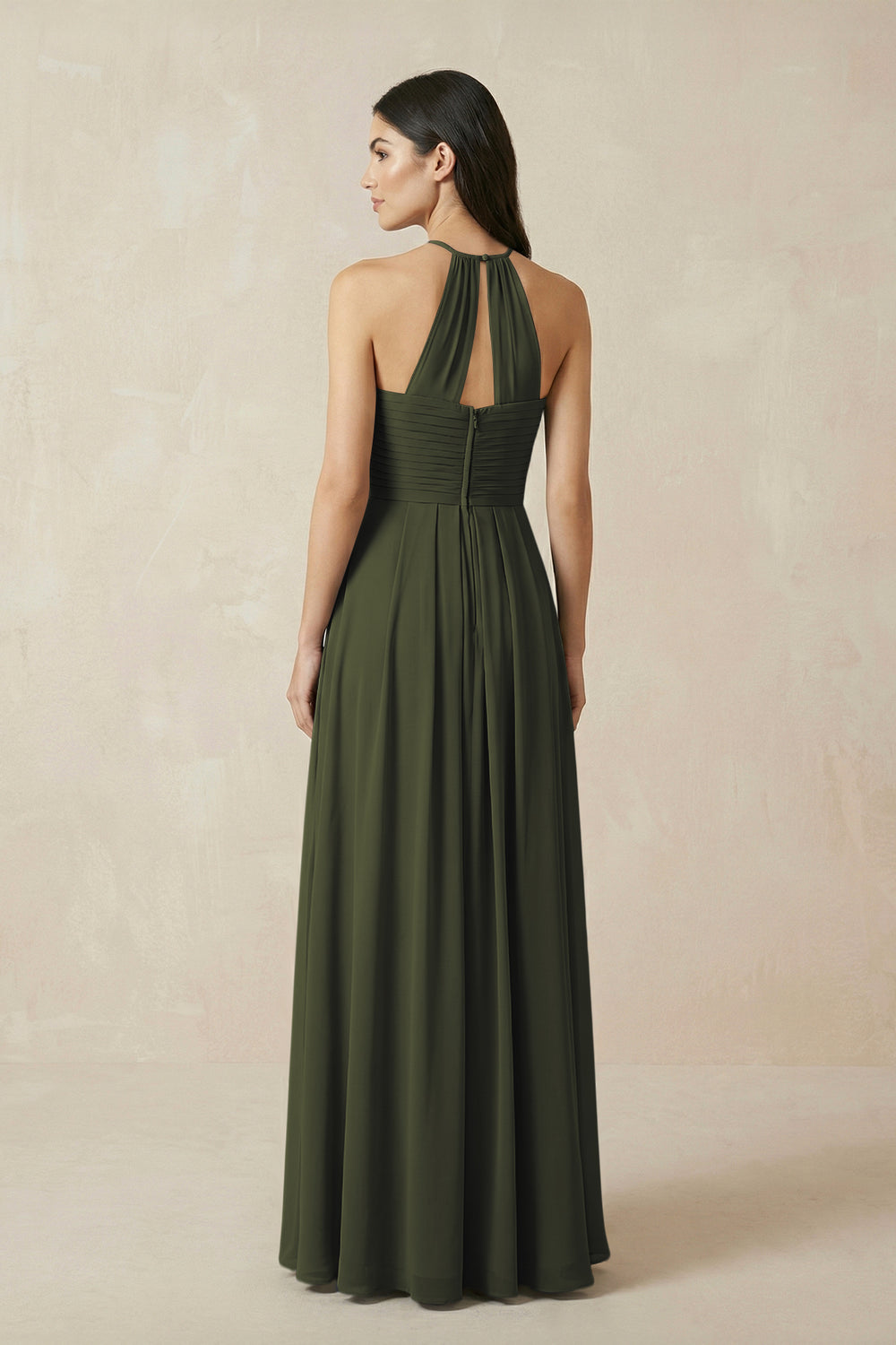 A-Line Halter Neck Pleated Chiffon Bridesmaid Dress in Olive