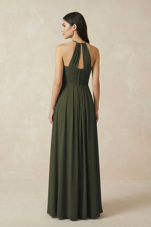 Olive A-Line Halter Neck Pleated Chiffon Bridesmaid Dress (2) | KISSBRIDAL