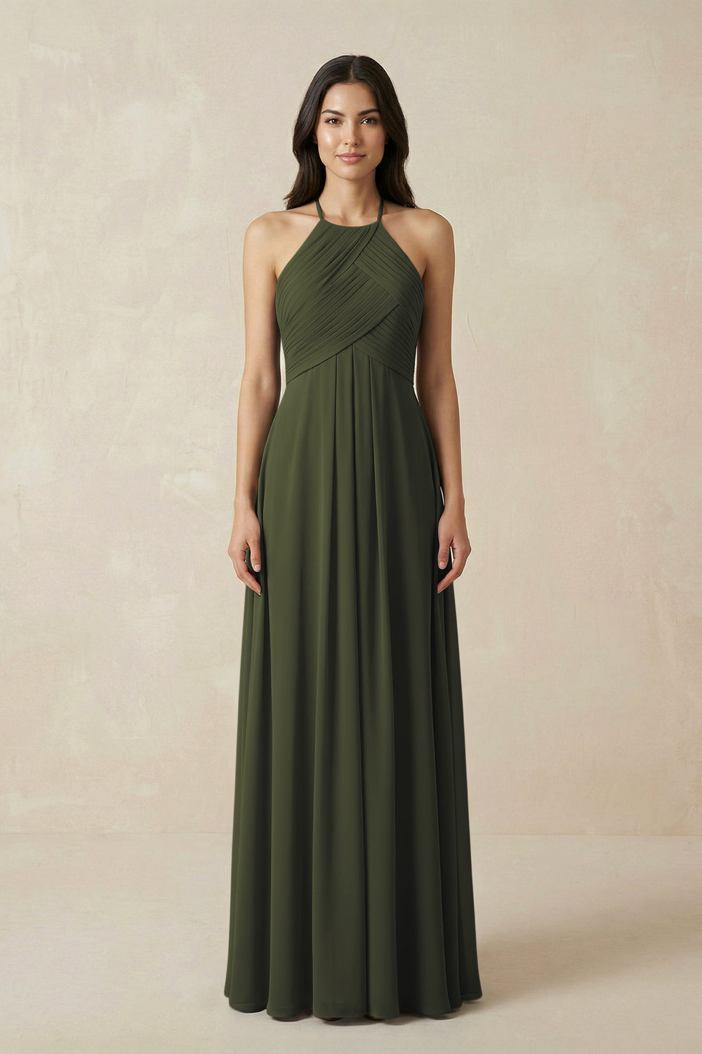 A-Line Halter Neck Pleated Chiffon Bridesmaid Dress in Olive