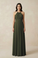 Olive A-Line Halter Neck Pleated Chiffon Bridesmaid Dress | KISSBRIDAL