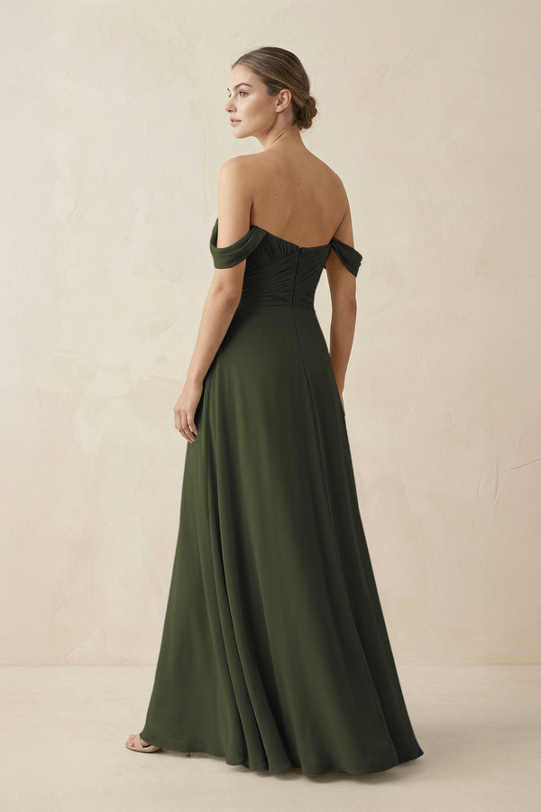 Olive A-Line Off-the-Shoulder Chiffon Bridesmaid Dress (2) | KISSBRIDAL