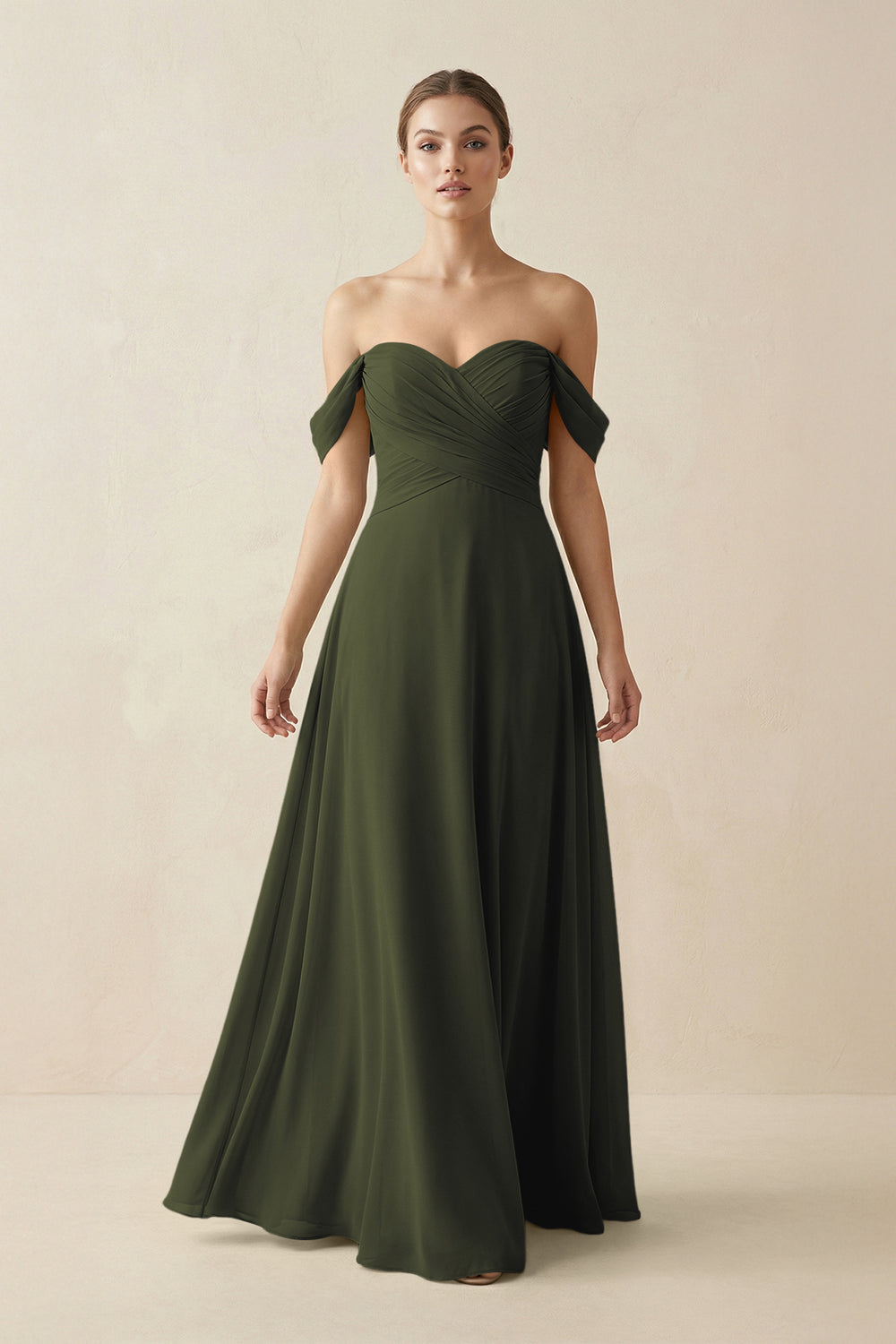 A-Line Off-the-Shoulder Chiffon Bridesmaid Dress in Olive