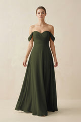 Olive A-Line Off-the-Shoulder Chiffon Bridesmaid Dress | KISSBRIDAL
