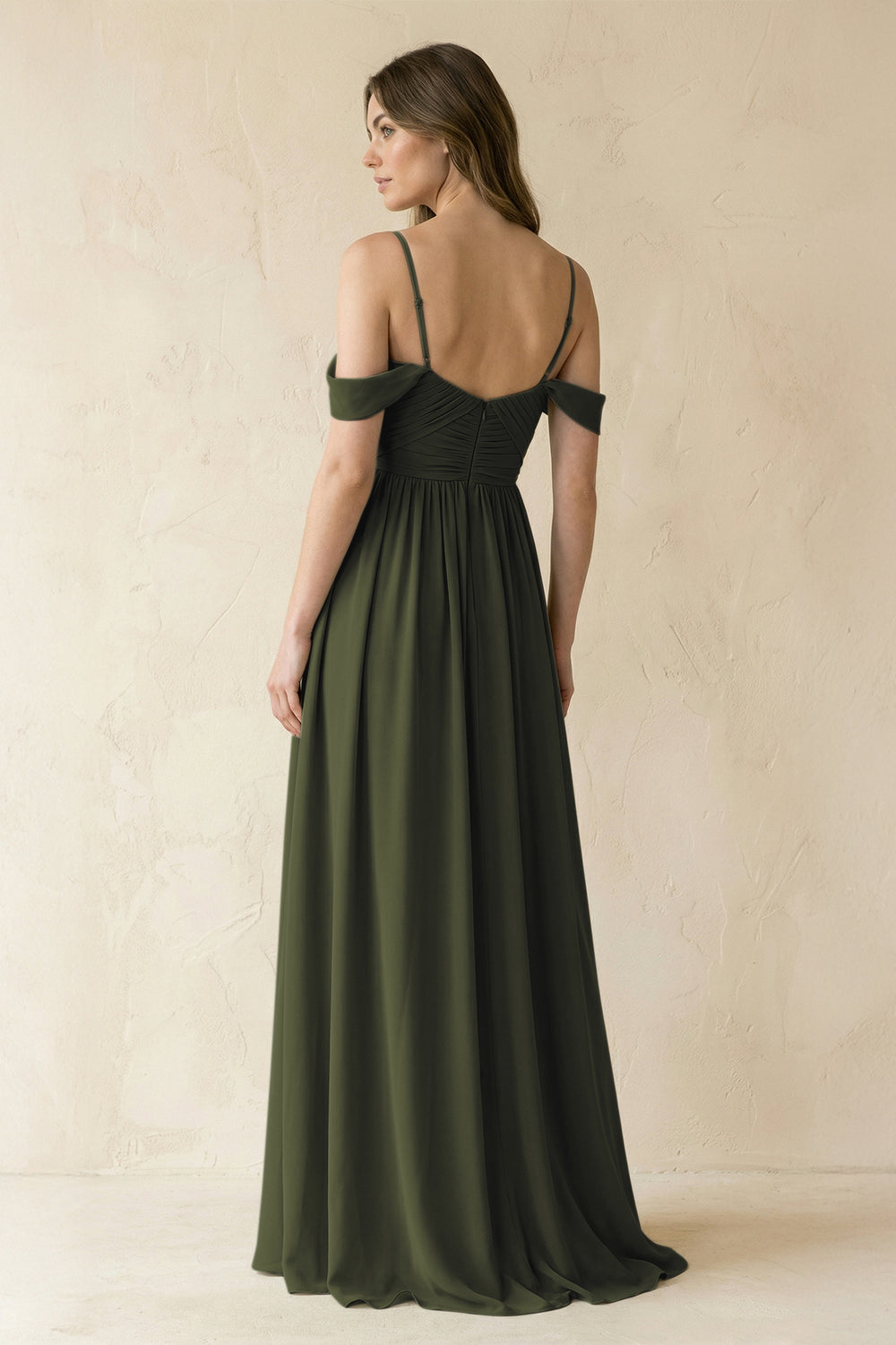 A-Line Off-the-Shoulder Pleated Chiffon Bridesmaid Dress in Olive