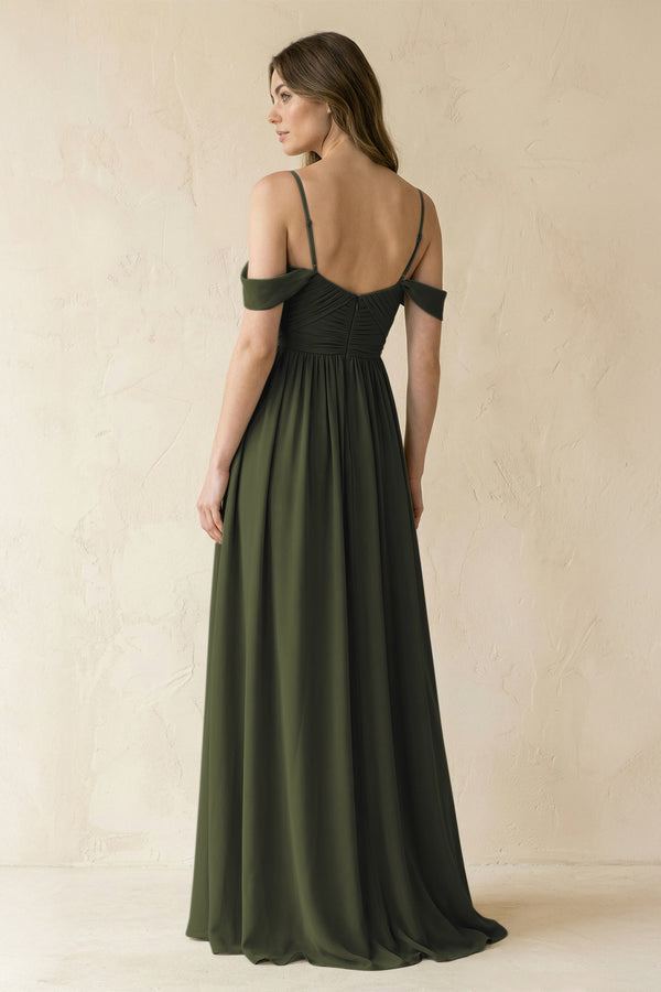 Olive A-Line Off-the-Shoulder Pleated Chiffon Bridesmaid Dress (2) | KISSBRIDAL