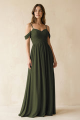 Olive A-Line Off-the-Shoulder Pleated Chiffon Bridesmaid Dress | KISSBRIDAL