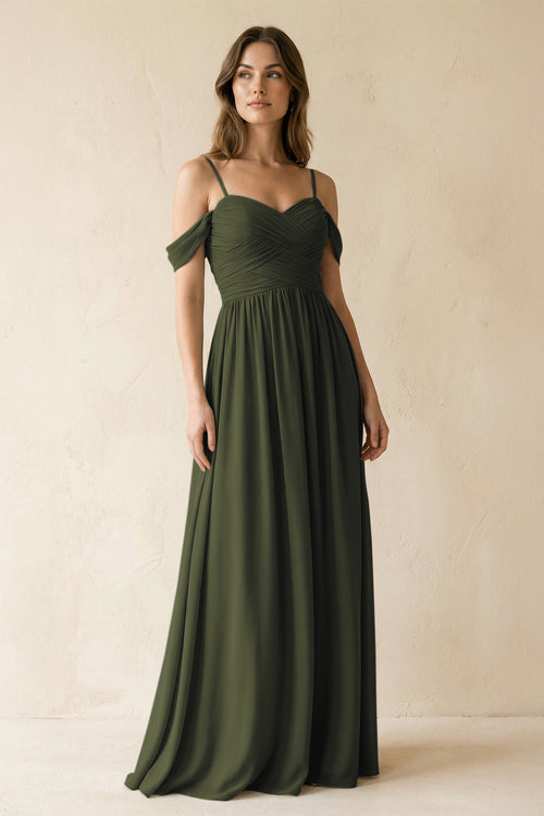Olive A-Line Off-the-Shoulder Pleated Chiffon Bridesmaid Dress | KISSBRIDAL