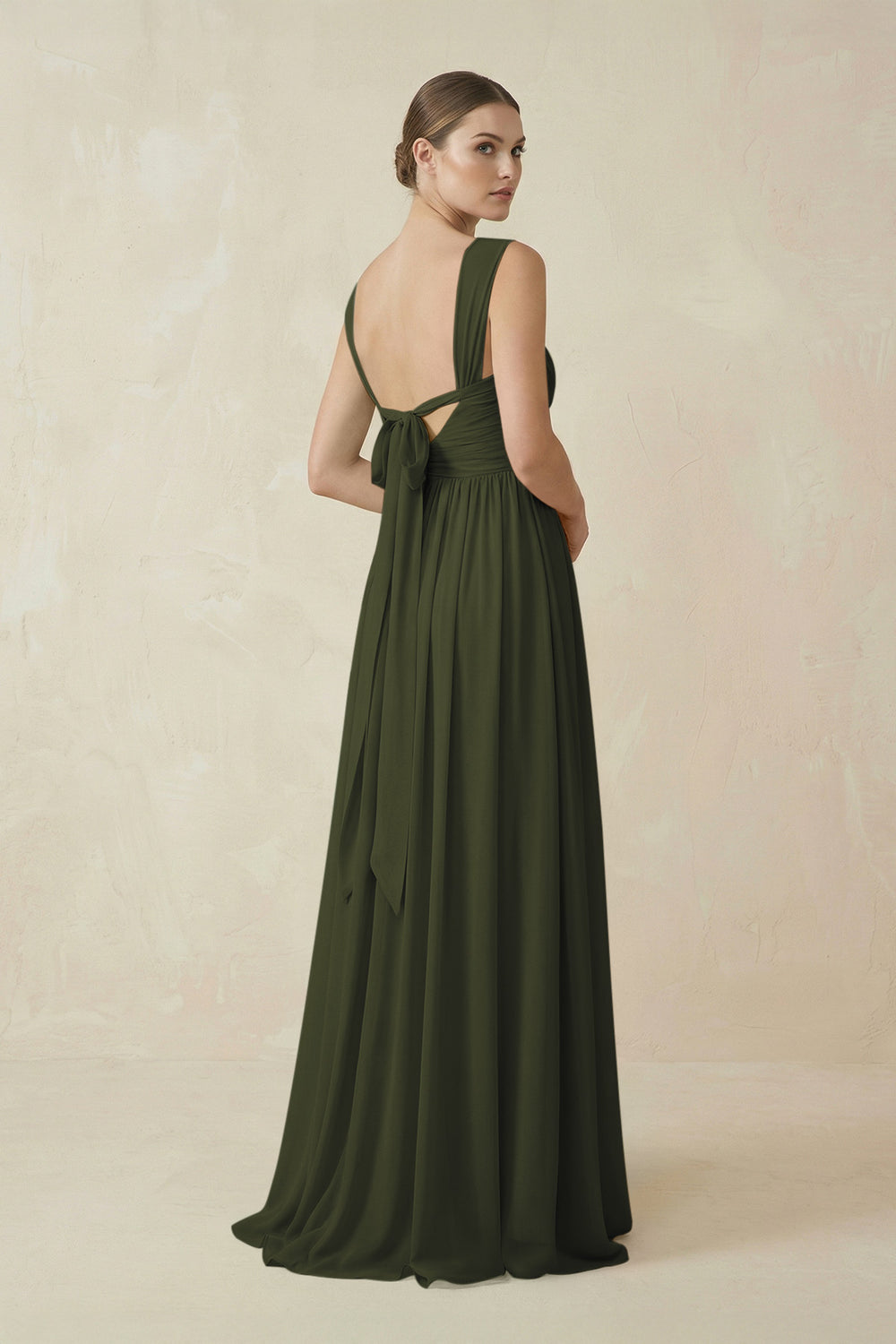 A-Line Pleated Chiffon Long Bridesmaid Dress in Olive