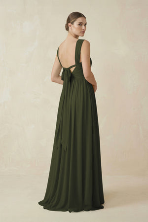 Olive A-Line Pleated Chiffon Long Bridesmaid Dress (2) | KISSBRIDAL