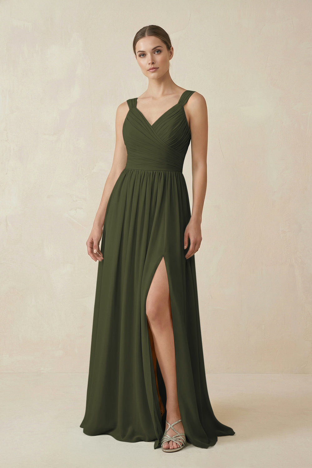 A-Line Pleated Chiffon Long Bridesmaid Dress in Olive