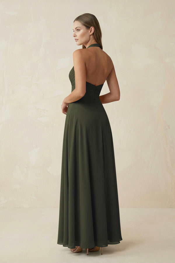 Olive A-Line Pleated Chiffon V-Neck Bridesmaid Dress (2) | KISSBRIDAL