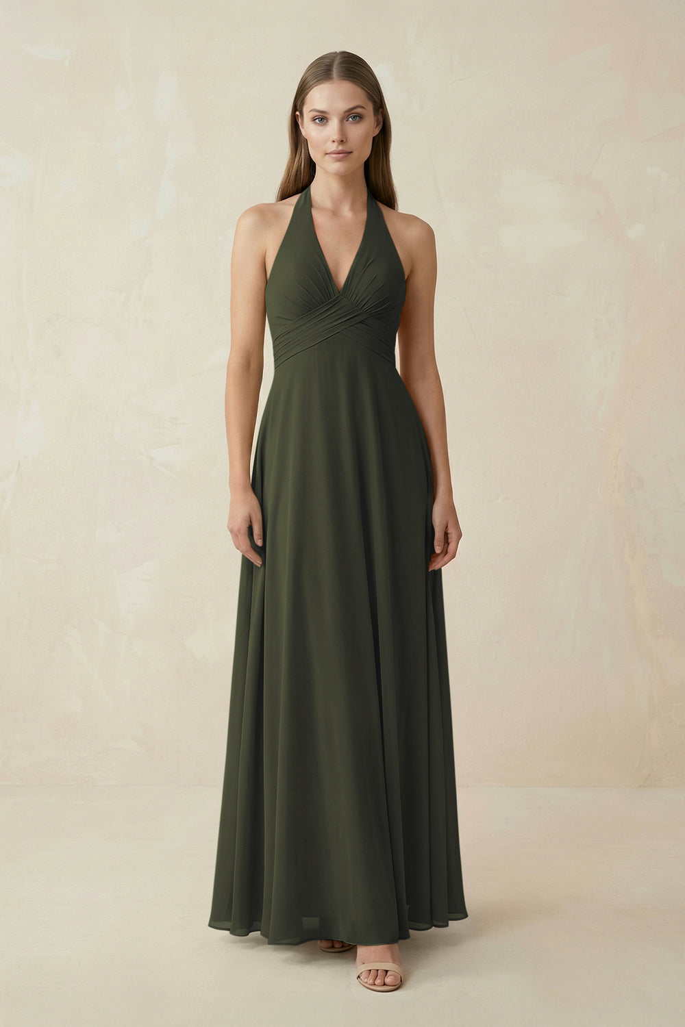 A-Line Pleated Chiffon V-Neck Bridesmaid Dress in Olive