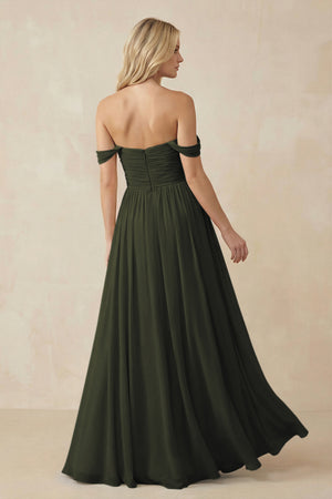 Olive A-Line Pleated Long Chiffon Bridesmaid Dress (2) | KISSBRIDAL