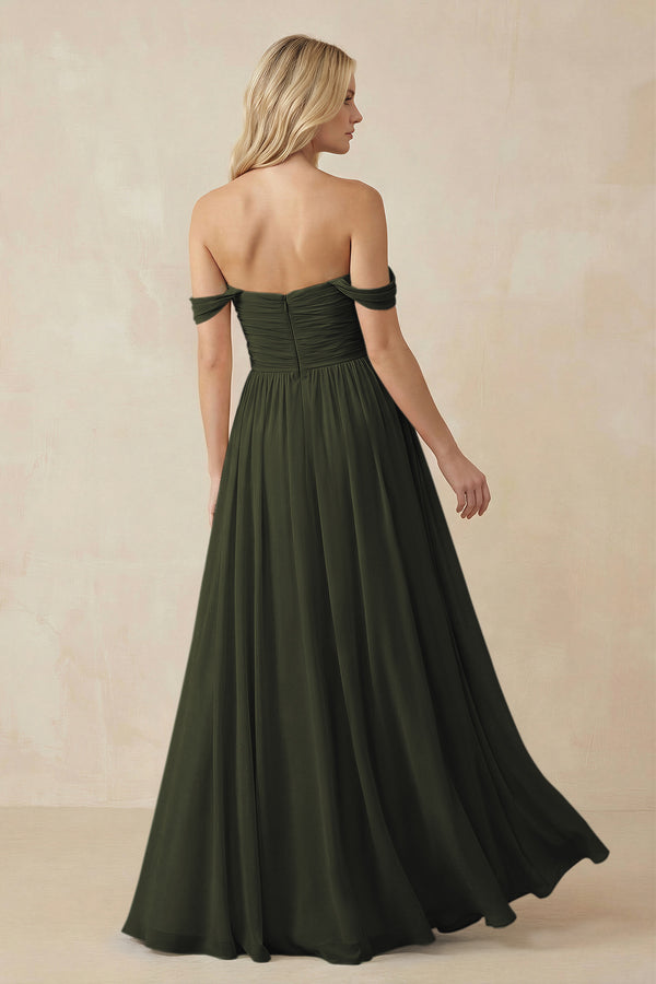 Olive A-Line Pleated Long Chiffon Bridesmaid Dress (2) | KISSBRIDAL