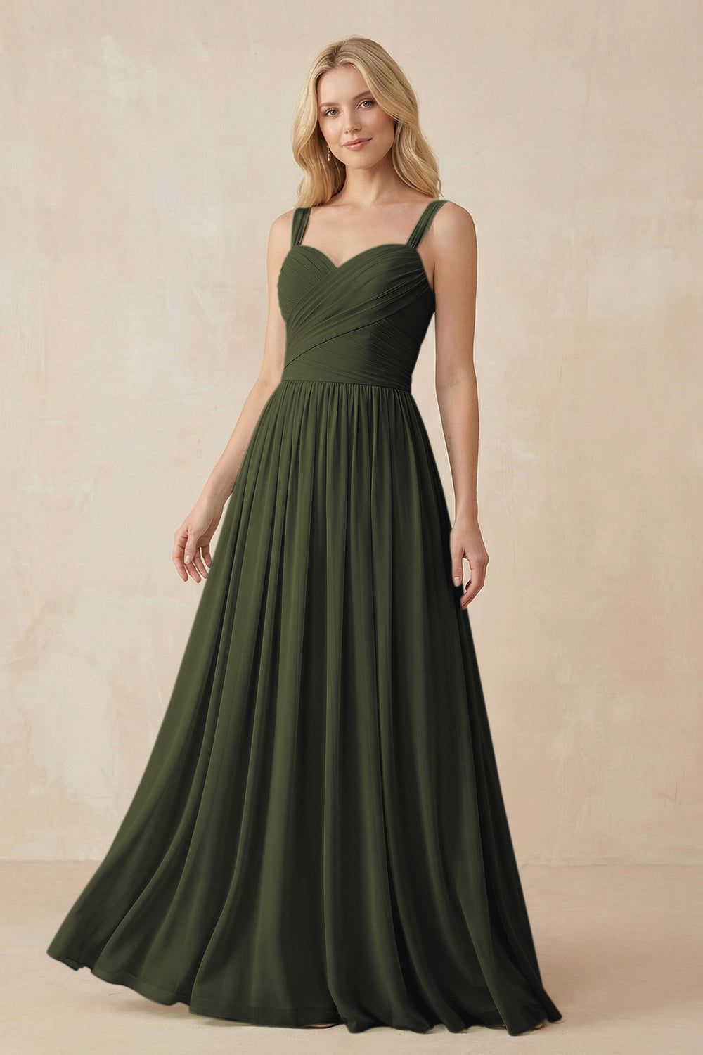 A-Line Pleated Long Chiffon Bridesmaid Dress in Olive