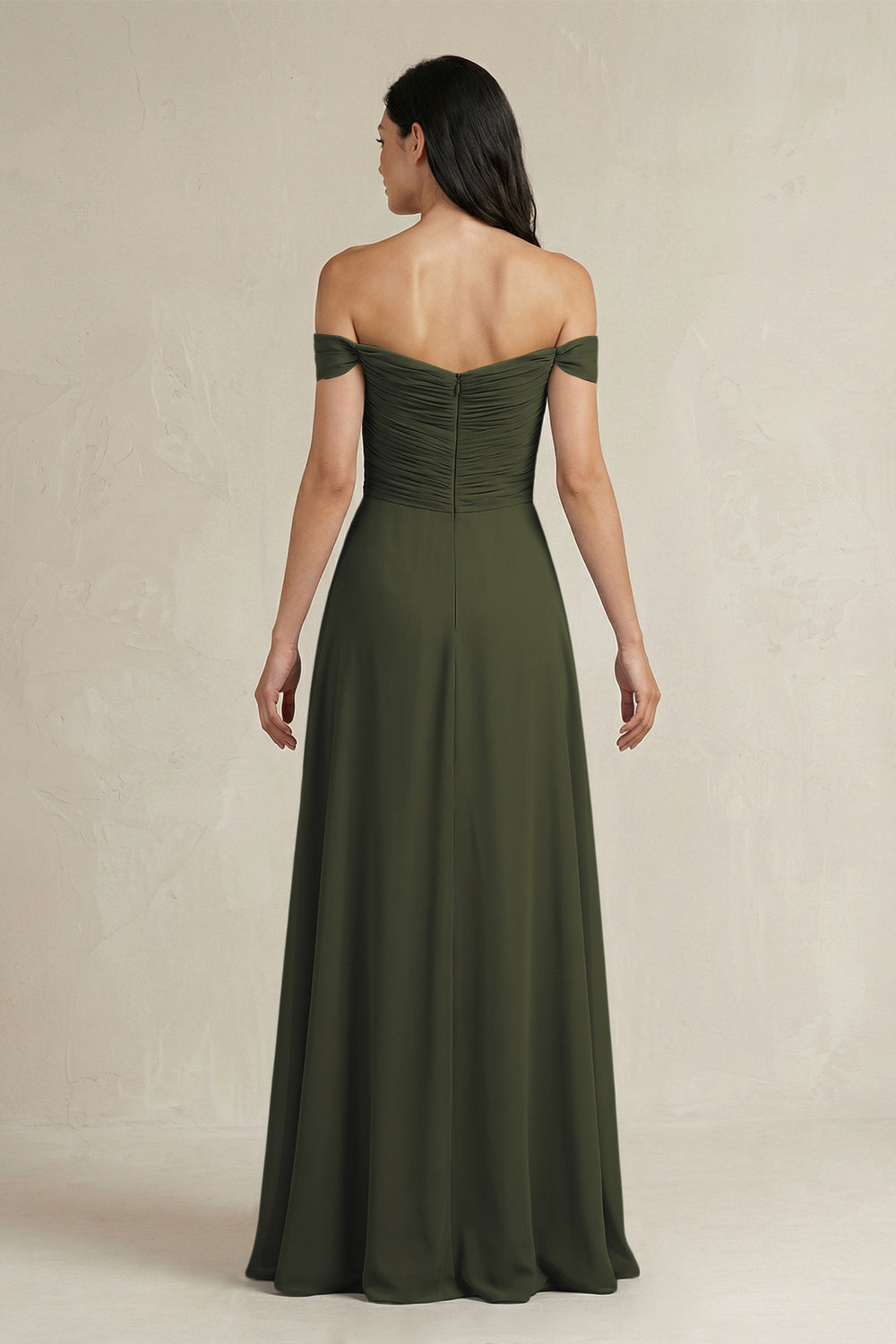 A-Line Pleated Off-the-Shoulder Chiffon Bridesmaid Dress in Olive
