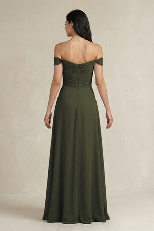 Olive A-Line Pleated Off-the-Shoulder Chiffon Bridesmaid Dress (2) | KISSBRIDAL
