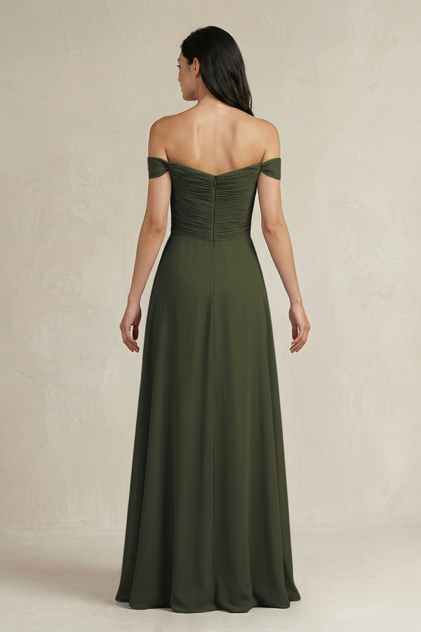 Olive A-Line Pleated Off-the-Shoulder Chiffon Bridesmaid Dress (2) | KISSBRIDAL