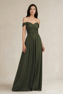Olive A-Line Pleated Off-the-Shoulder Chiffon Bridesmaid Dress | KISSBRIDAL