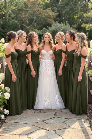 Olive A-Line Pleated Off-the-Shoulder Chiffon Bridesmaid Dress | KISSBRIDAL