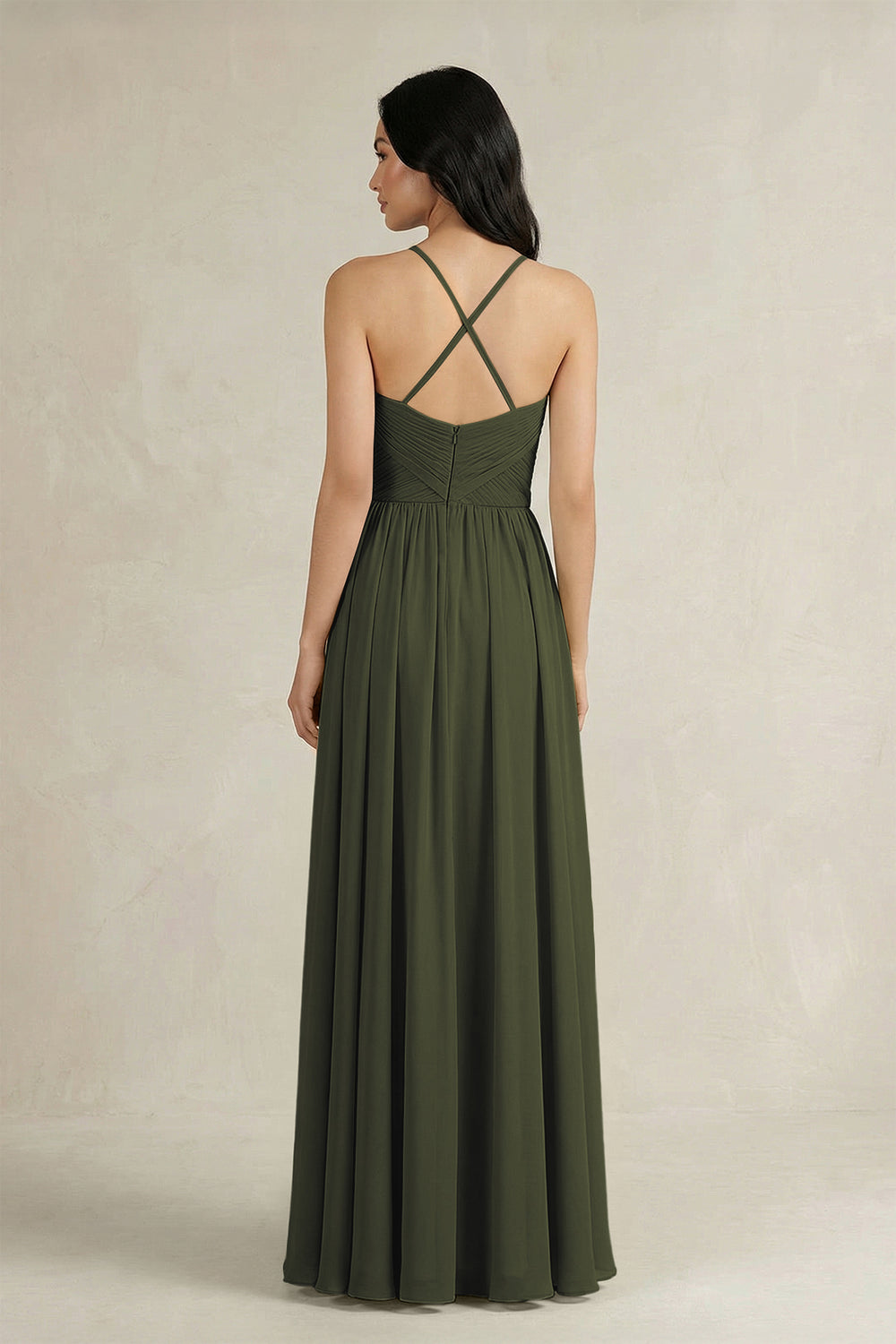 A-Line Pleated Spaghetti Strap Chiffon Bridesmaid Dress in Olive