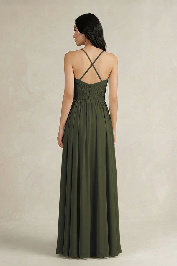 Olive A-Line Pleated Spaghetti Strap Chiffon Bridesmaid Dress (2) | KISSBRIDAL