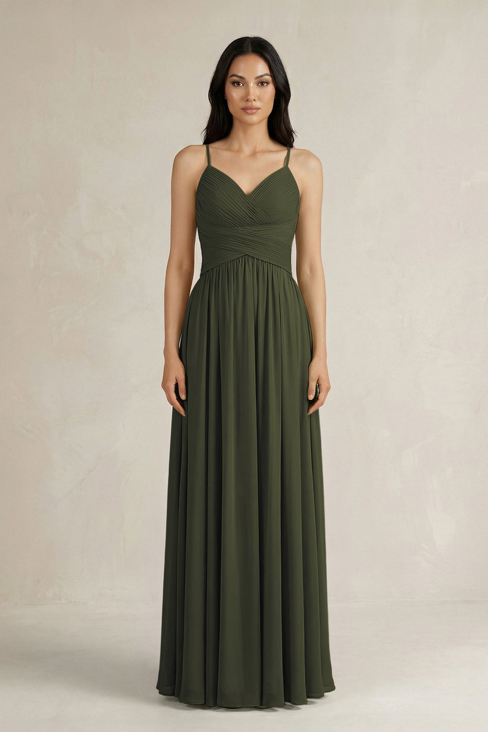 A-Line Pleated Spaghetti Strap Chiffon Bridesmaid Dress in Olive