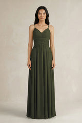 Olive A-Line Pleated Spaghetti Strap Chiffon Bridesmaid Dress | KISSBRIDAL