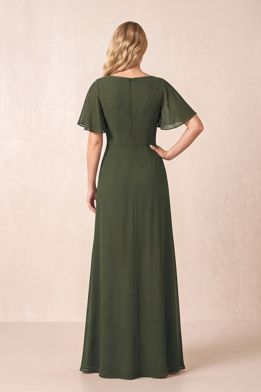 Olive A-Line Ruched Chiffon Mother of the Bride Dress with Ruffled Sleeves