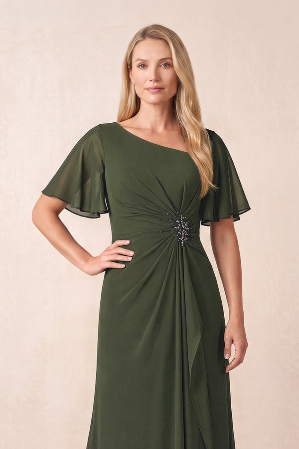 Olive A-Line Ruched Chiffon Mother of the Bride Dress with Ruffled Sleeves (3) | KISSBRIDAL
