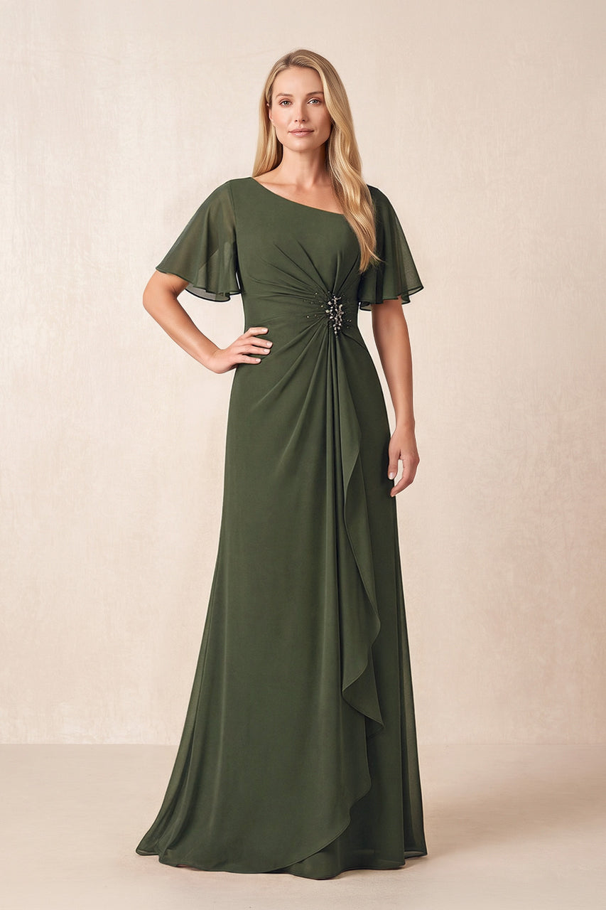 Olive A-Line Ruched Chiffon Mother of the Bride Dress with Ruffled Sleeves
