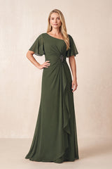 Olive A-Line Ruched Chiffon Mother of the Bride Dress with Ruffled Sleeves | KISSBRIDAL