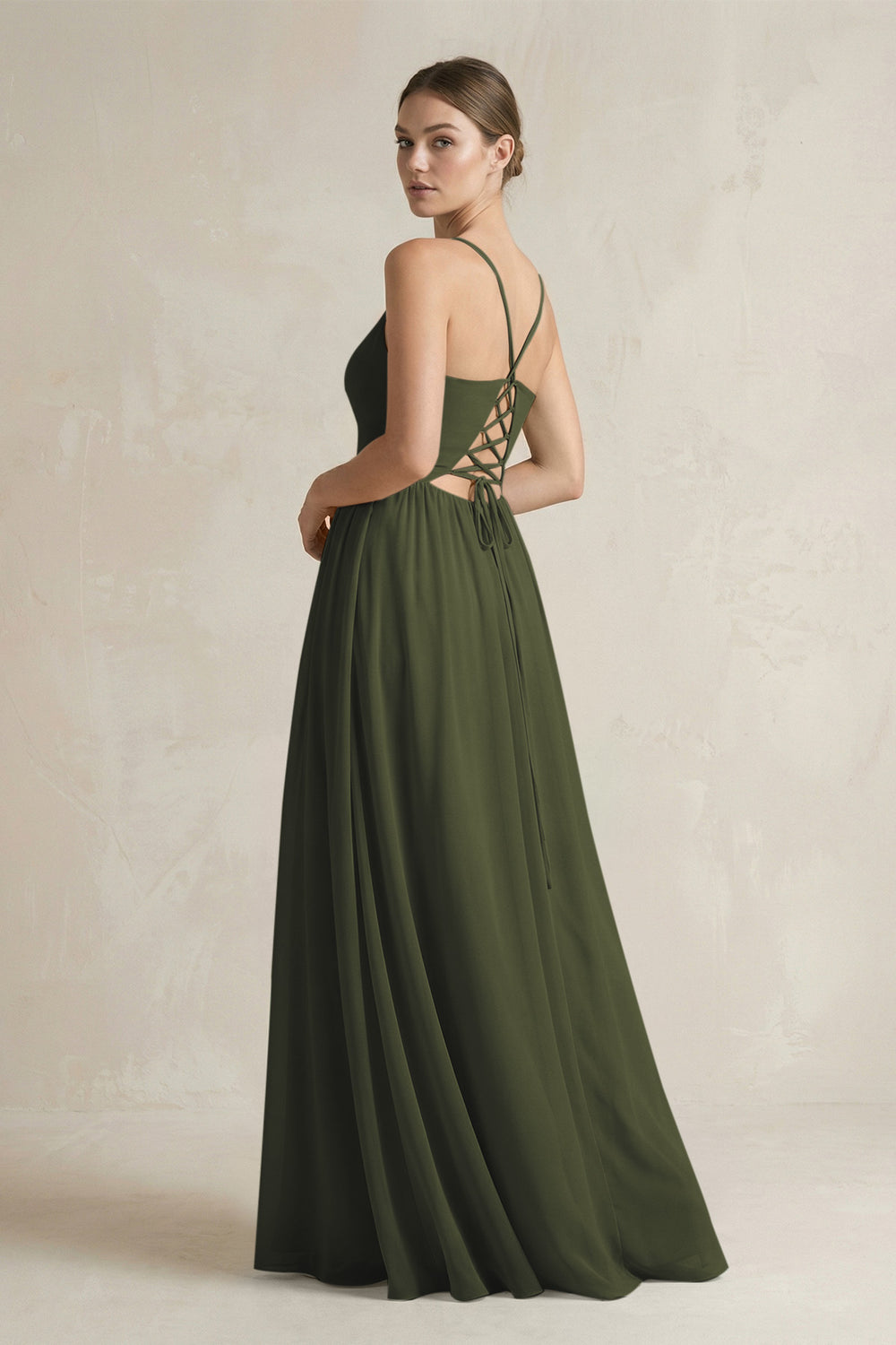 A-Line Spaghetti Strap Chiffon Bridesmaid Dress in Olive