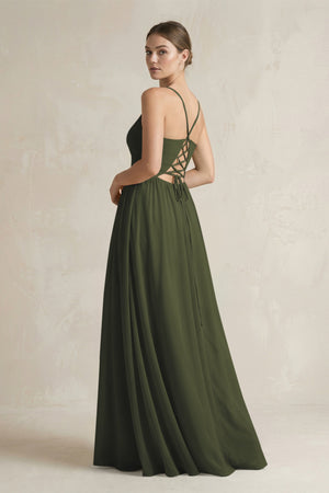 Olive A-Line Spaghetti Strap Chiffon Bridesmaid Dress (2) | KISSBRIDAL