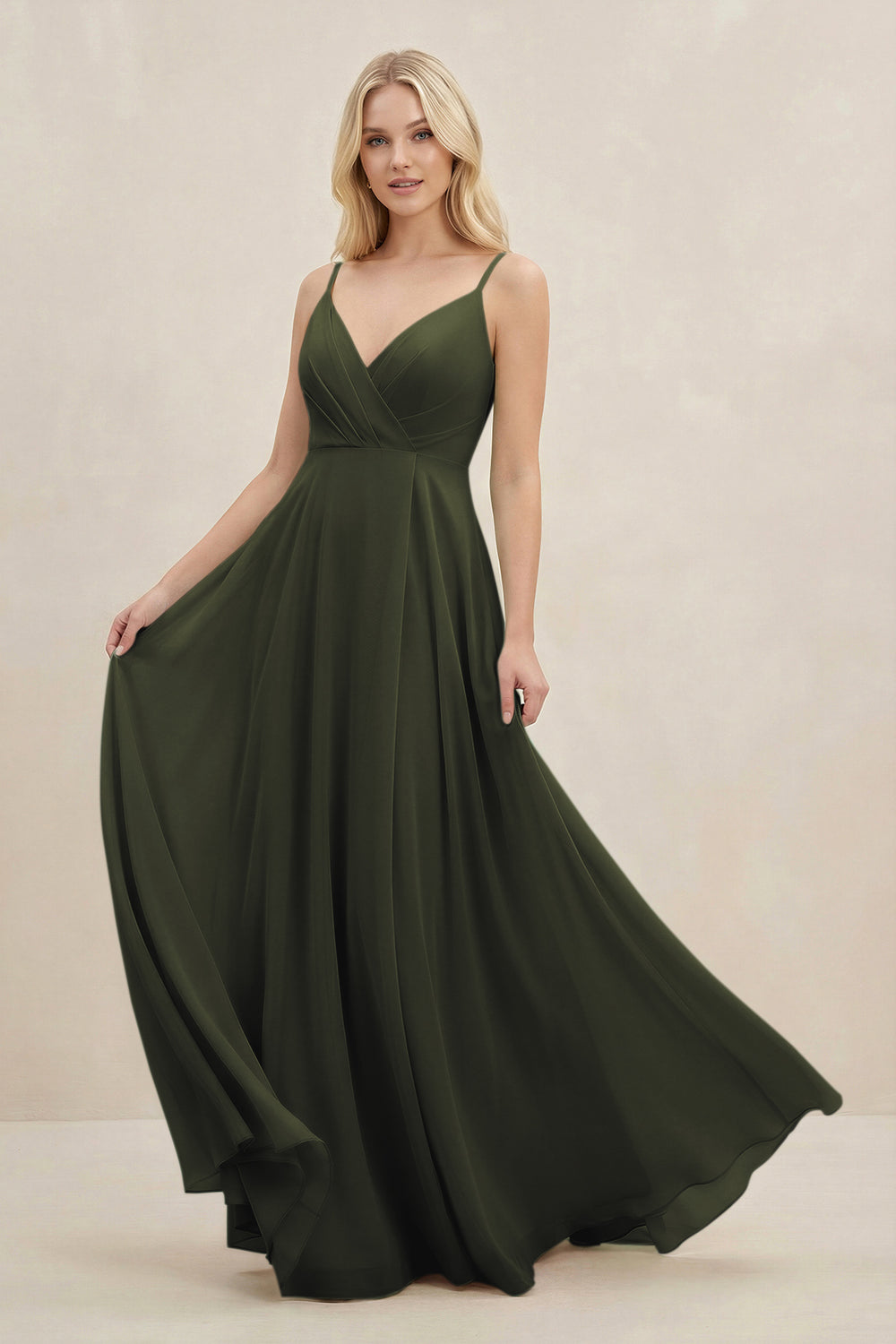 A-Line Spaghetti Strap Chiffon Bridesmaid Dress in Olive