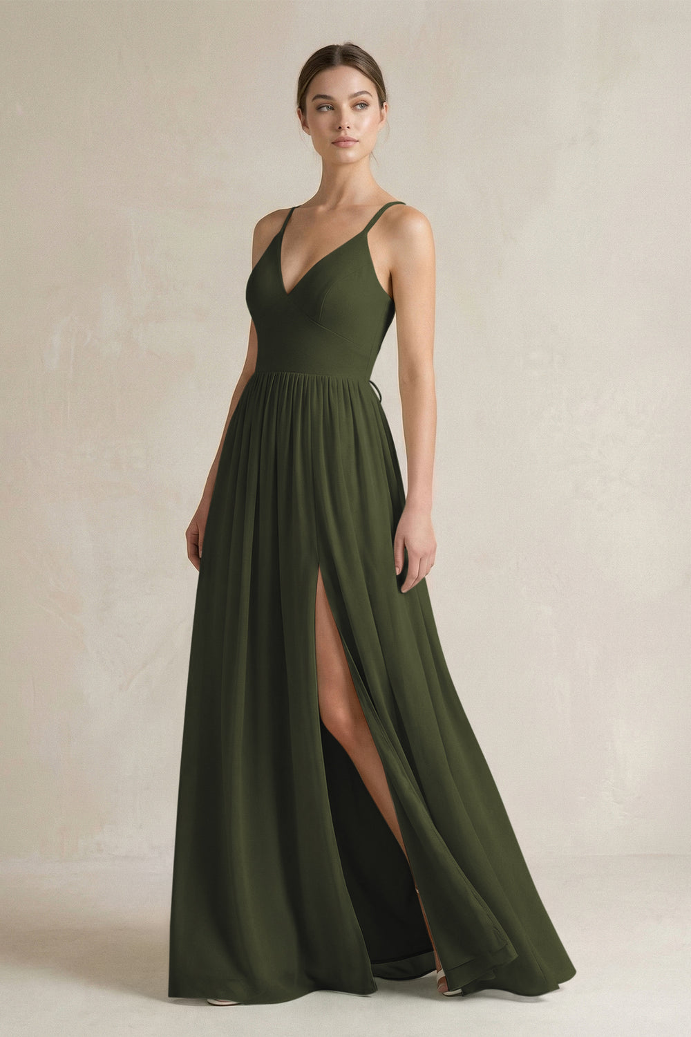 A-Line Spaghetti Strap Chiffon Bridesmaid Dress in Olive