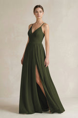 Olive A-Line Spaghetti Strap Chiffon Bridesmaid Dress | KISSBRIDAL