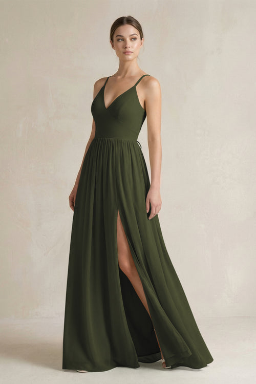 Olive A-Line Spaghetti Strap Chiffon Bridesmaid Dress | KISSBRIDAL